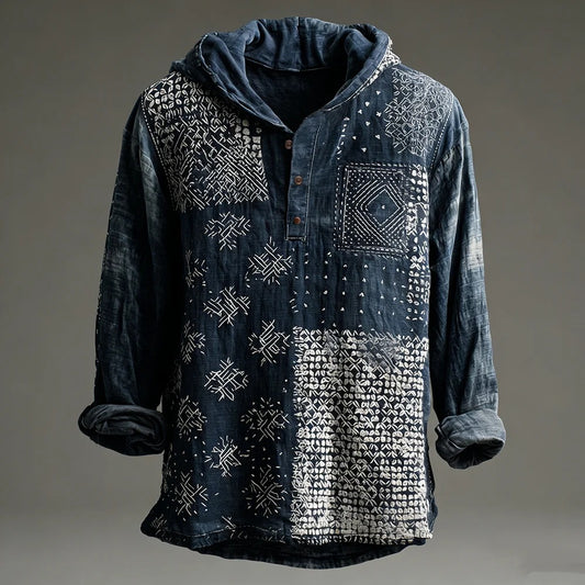 Everwow™ Indigo Patchwork Artisan Hoodie – Premium Bohemian Hooded Shirt