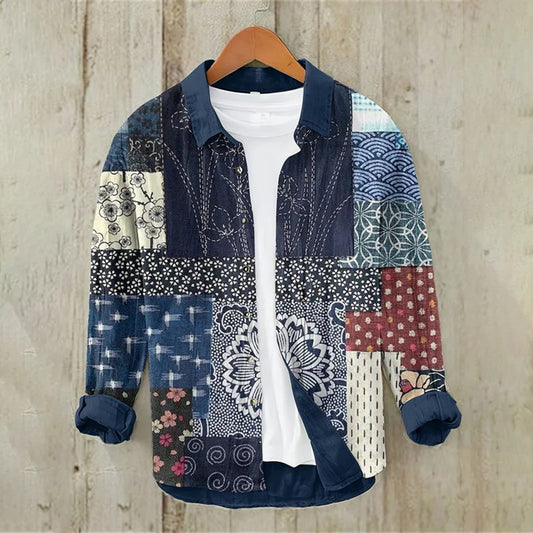 Everwow™ Indigo Patchwork Casual Shirt – Premium Artistic Long Sleeve Shirt