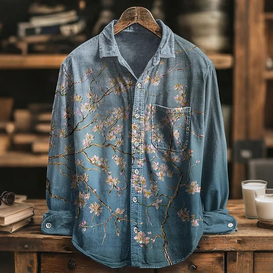Everwow™ Sakura Breeze Denim Shirt – Premium Artistic Long Sleeve Shirt