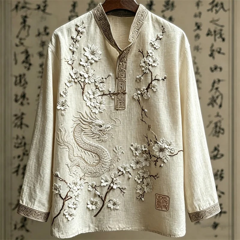 Everwow™ Dragon Blossom Mandarin Collar Shirt – Premium Artistic Long Sleeve Shirt