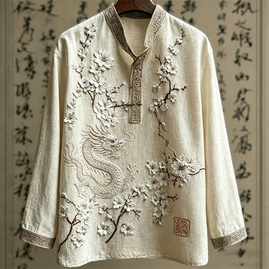 Everwow™ Dragon Blossom Mandarin Collar Shirt – Premium Artistic Long Sleeve Shirt