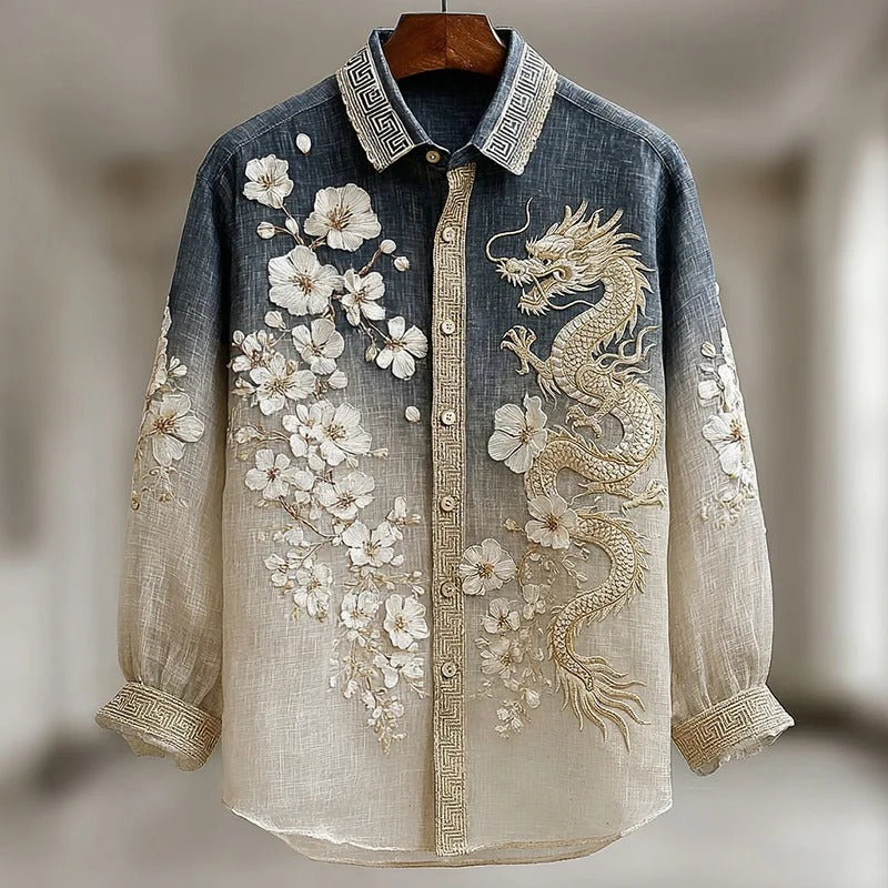 Everwow™ Dragon Blossom Embroidered Gradient Shirt – Premium Artistic Long Sleeve Shirt