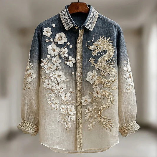 Everwow™ Dragon Blossom Embroidered Gradient Shirt – Premium Artistic Long Sleeve Shirt