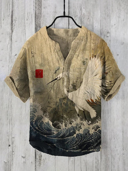 Everwow™ Crane Wave Harmony Shirt – Premium Cultural Print Short Sleeve Shirt