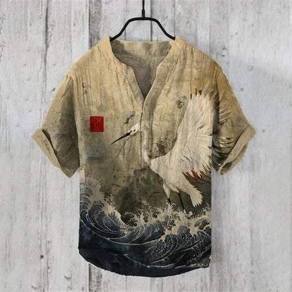 Everwow™ Crane Wave Harmony Shirt – Premium Cultural Print Short Sleeve Shirt