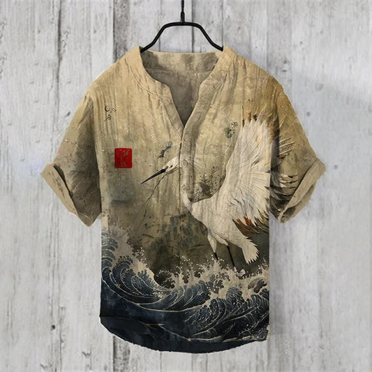 Everwow™ Crane Wave Harmony Shirt – Premium Cultural Print Short Sleeve Shirt